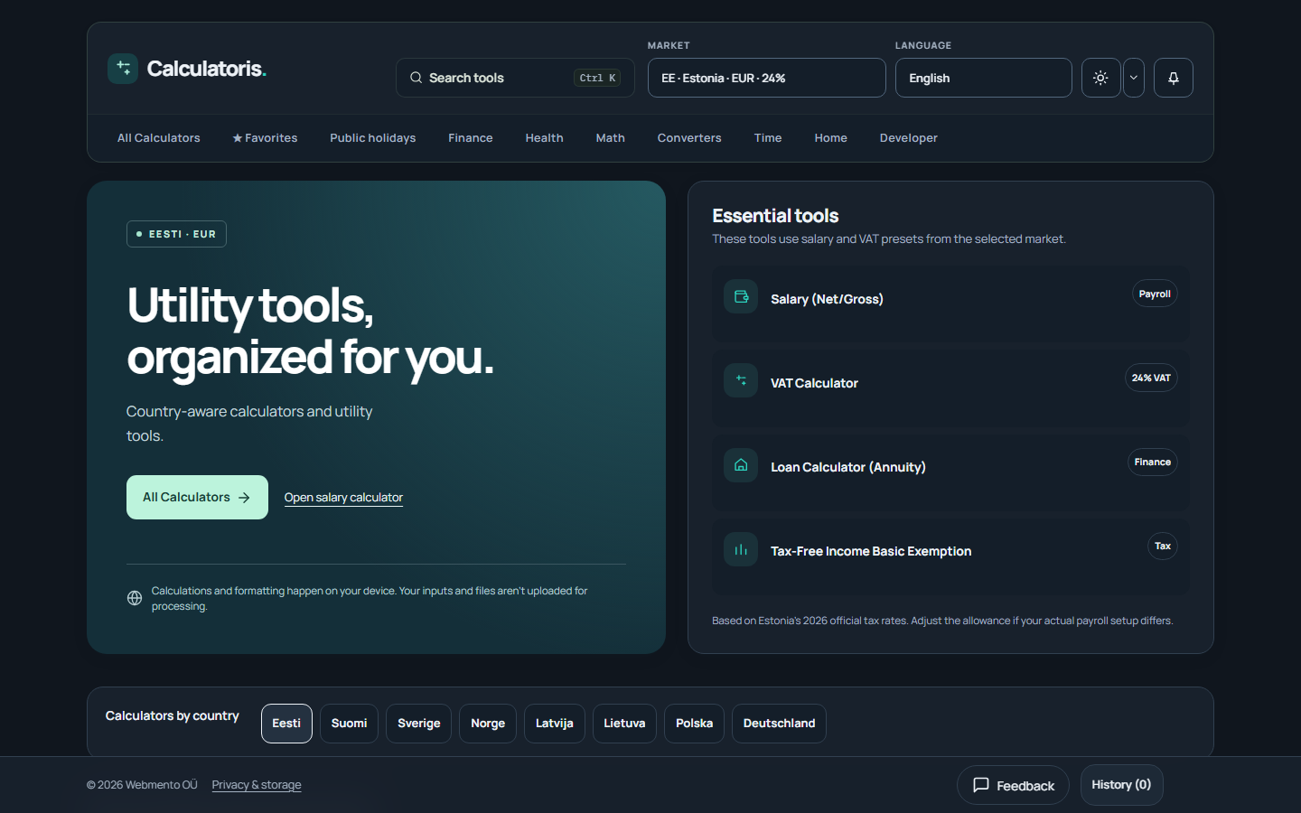 Calculatoris dark homepage with market-aware utility tools