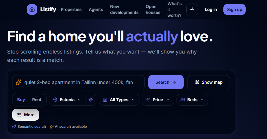 Listify homepage with natural-language property search